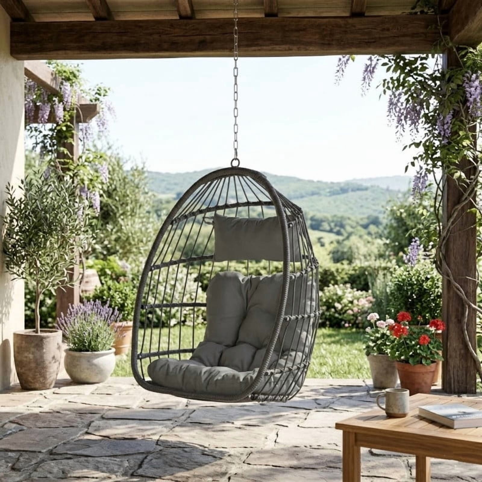 Hanging Egg Chair Without Stand, Indoor Outdoor Wicker Rattan Swing Egg Chair with Hanging Chain, Hammock Chair with UV Resistant Cushion