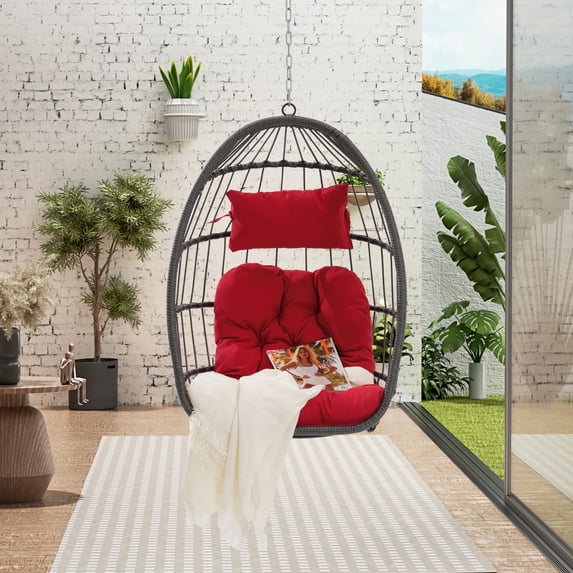 Hanging Egg Chair Without Stand,Rattan Wicker Swing Egg Chair with Resistant Cushion,Outdoor Swing Chair for Balcony Garden Bedroom,Red