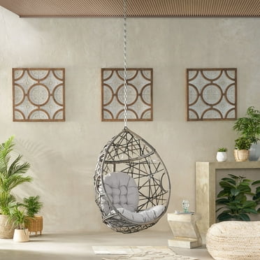 Hanging Egg Chair with 8FT Chain,Hanging Chair with Water-Resistant Cushions,Outdoor Swing Chair with Polyethylene Rattan and Metal FrameGrey