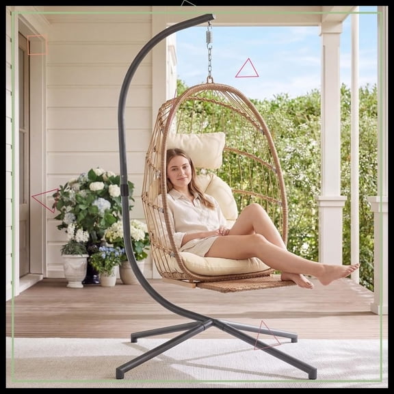 Hanging Egg Chair with Stand & Footrest, Foldable Rattan Patio Swing for Indoor Outdoor, 350Lbs Capacity