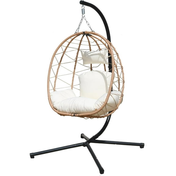 Hanging Egg Chair with Stand Indoor Swinging Chair Outdoor Hammock Egg Chair for Patio, Bedroom, Garden and Balcony (Milky White, Small)