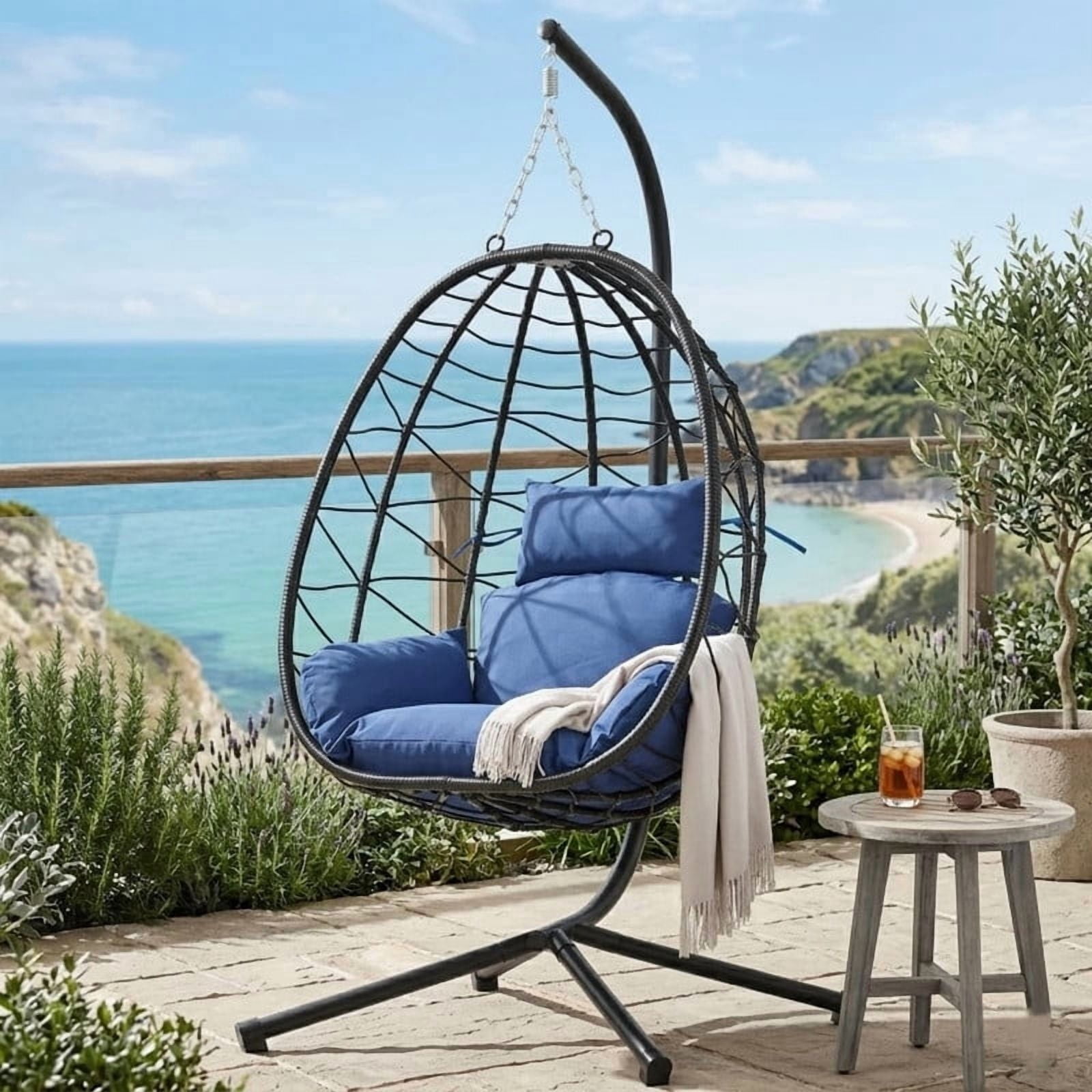 Hanging Egg Chair with Stand, Outdoorn Wicker Egg Swing Chair with Cushion, Heavy Duty Patio Hammock Chairs for Garden Backyard Balcony Bedroom