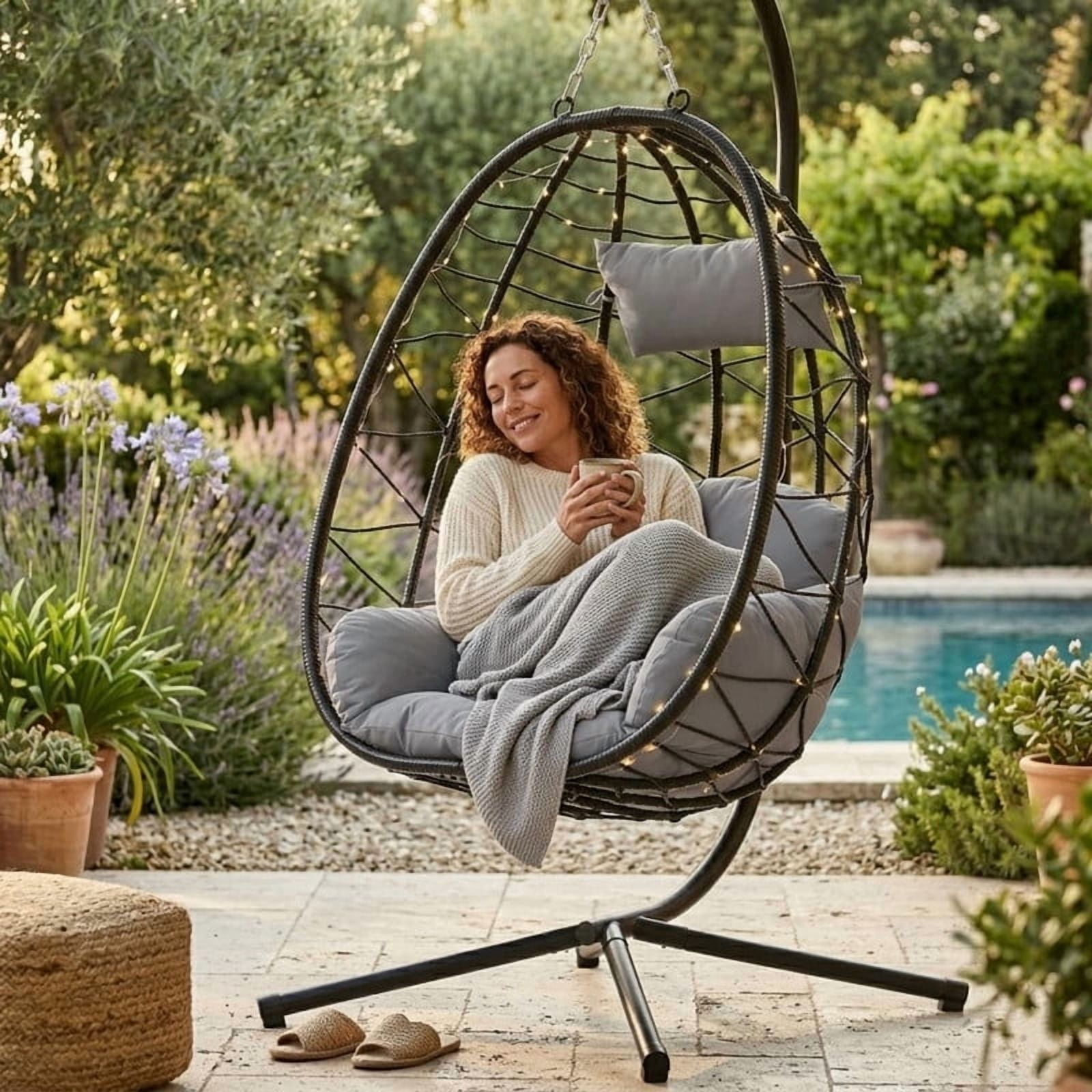 Hanging Egg Chair with Stand, Outdoorn Wicker Egg Swing Chair with Cushion, Heavy Duty Patio Hammock Chairs for Garden Backyard Balcony Bedroom