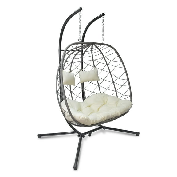 Hanging Egg Chair with Stand, Patio Wicker Hammock Egg Swing Chair with Cushion for Bedroom Garden Indoor Outdoor(Two Person)