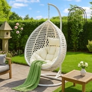 SUDICA Egg Chair with Stand and Cushion White Rattan 1 Piece for Outdoor Patio