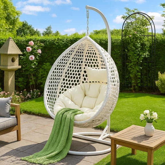 SUDICA Egg Chair with Stand and Cushion White Rattan 1 Piece for Outdoor Patio