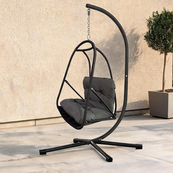 Hanging Egg Chair with Stand and Built-In Cup Holder, Matte Black Rattan, 38-Inch Round