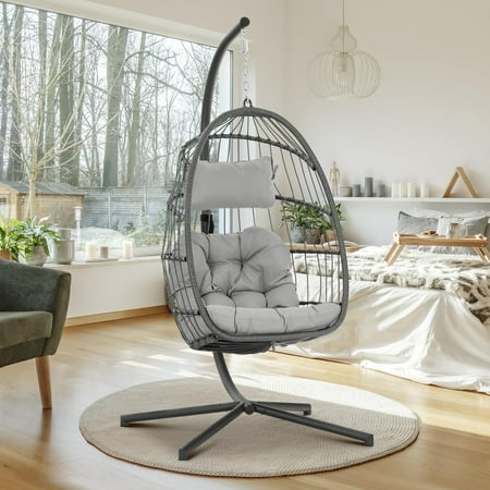 Brafab Outdoor Foldable Hanging Egg Chair with Stand, Lounge Wicker Swing Chair with Fluffy Cushion and Headrest, 350 lbs Capacity, Light Gray