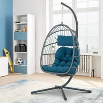 Hanging Egg Chair with Steel Stand and Fluffy Cushion, Lounge Wicker Iron Swing Chairs for Indoor Outdoor Patio Garden