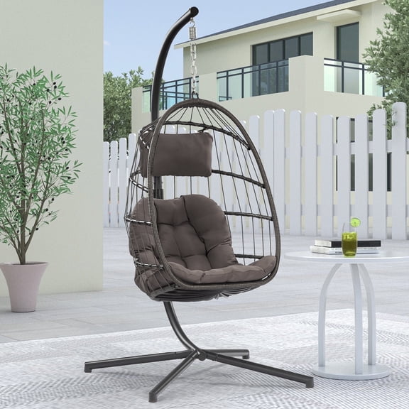 Brafab Outdoor Foldable Hanging Egg Chair with Stand, Lounge Wicker Swing Chair with Fluffy Cushion and Headrest, 350 lbs Capacity, Gray