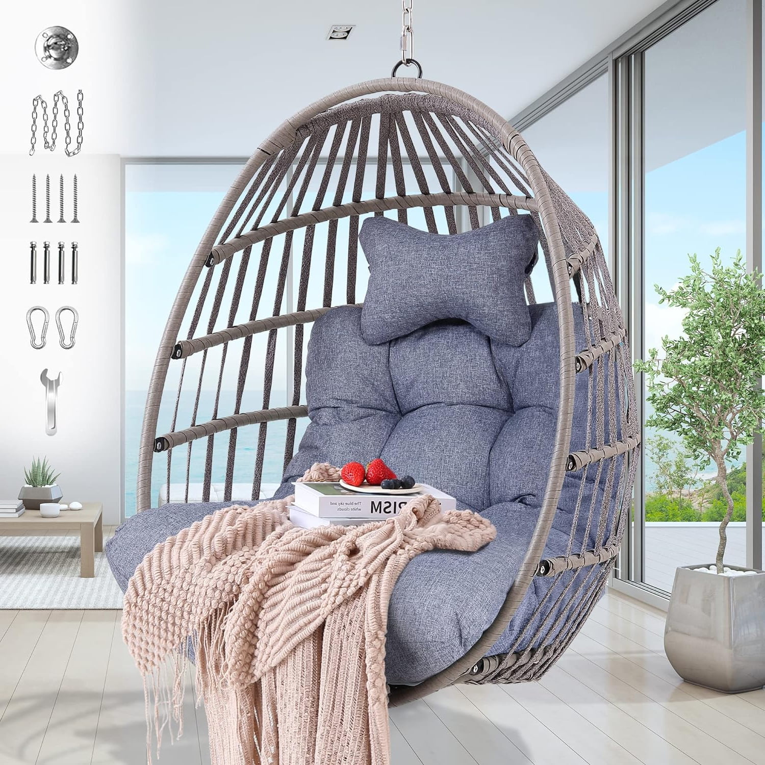 Hanging Egg Swing Chair Outdoor Wicker Hammock Chairs Indoor with Steel