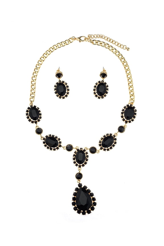 Hanging Encircled Teardrop Stone and Dangling Earrings Set, Black/Gold-Tone