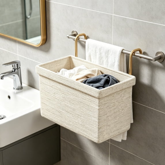 Hanging Fabric Laundry Basket Foldable Hamper With Metal Hook For Clothing Storage