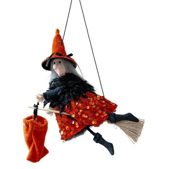 Hanging Fancy Witch on Broomstick Halloween Decoration Dolls Pendant , Unique Hanging Halloween Decor, Indoor Outdoor Haunted House Decoration, 9 Inches