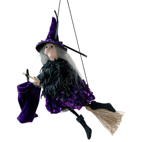 Hanging Fancy Witch on Broomstick Halloween Decoration Dolls Pendant , Unique Hanging Halloween Decor, Indoor Outdoor Haunted House Decoration, 9 Inches