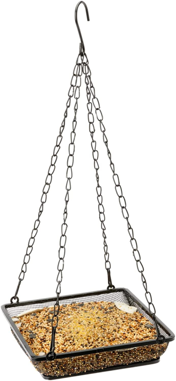 Black Metal Hanging Bird Feeder Tray with Mesh Platform