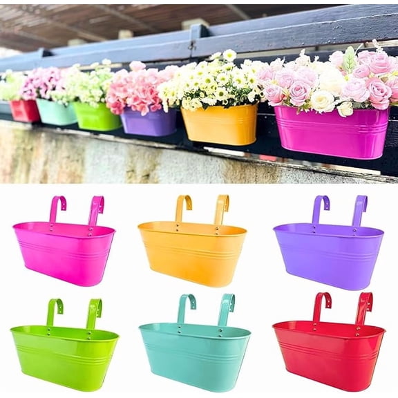 Hanging Fence Planter, 10.75 Inch Metal Bucket Pot with Detachable Hooks 1PC, Iron Wall Mount Window Box for Railings Decks Porch Garden Landscape Maintenance