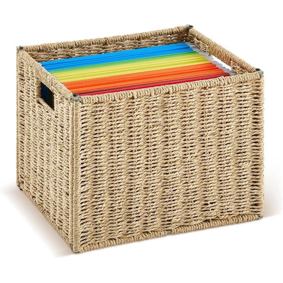 Hanging File Box, Paper Rope Collapsible Woven File Organizer for Letter Size Files, Portable Decorative Storage Basket with Handles for Home Office Decor