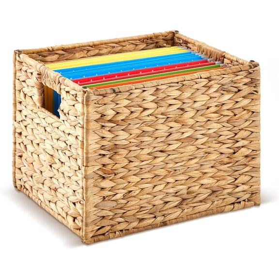 Hanging File Box, Water Hyacinth Collapsible Woven File Organizer for Letter Size Files, Portable Decorative Storage Basket with Handles for Home Office Decor