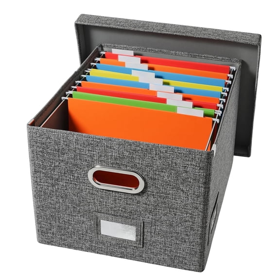 Hanging File Box with Lid & Metal Rails Document Organizer; For Hanging Letter Size Folders, Home & Office, Desktop & Cabinet Storage