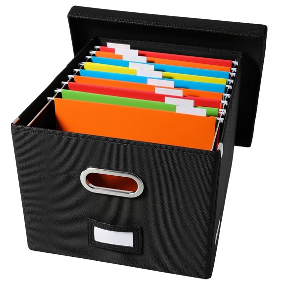 Hanging File Box with Lid & Metal Rails Document Organizer; For Hanging Letter Size Folders, Home & Office, Desktop & Cabinet Storage