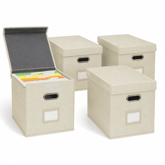 Hanging File Folder Box with Lid, Durable Letter Size Filing Storage Box, Sturdy File Holder with Cardboard Support PVC Rails for Office Home Organizer, Beige
