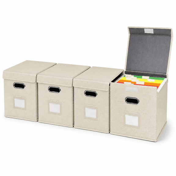 Hanging File Folder Box with Lid, Durable Letter Size Filing Storage Box, Sturdy File Holder with Cardboard Support PVC Rails for Office Home Organizer, Beige