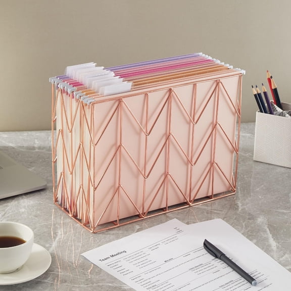 Hanging File Folder Kit Includes 1 Rose Gold Hanging File Desk Organizer and 24 Pack Hanging File Folders Letter Size with 1/5 Cut Tabs Design for School Office Home Supplies, Pink Design