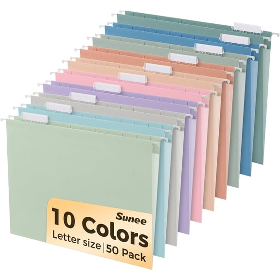 Hanging File Folders, 50 Pack Letter Size Hanging File Folders with 1/5-cut Tabs, Stay Organized for Your Home and Office Bulk File, Documents and Paper, 10 Pastel Colors