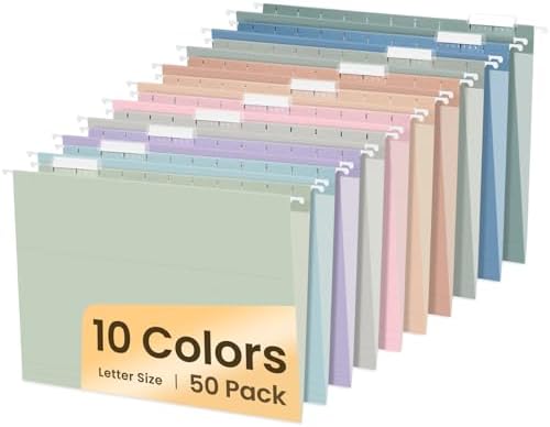 Hanging File Folders, 50 Pack Letter Size Hanging File Folders with 1/5-cut Tabs, Stay Organized for Your Home and Office Bulk File, Documents and Paper, 10 Pastel Colors