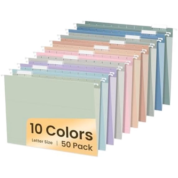 Hanging File Folders, 50 Pack Letter Size Hanging File Folders with 1/5-cut Tabs, Stay Organized for Your Home and Office Bulk File, Documents and Paper, 10 Pastel Colors