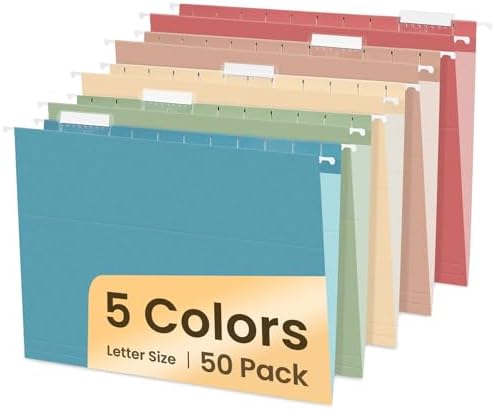Hanging File Folders, 50 Pack Letter Size Hanging File Folders with 1/5-cut Tabs, Stay Organized for Your Home and Office Bulk File, Documents and Paper,5 Retro Colors