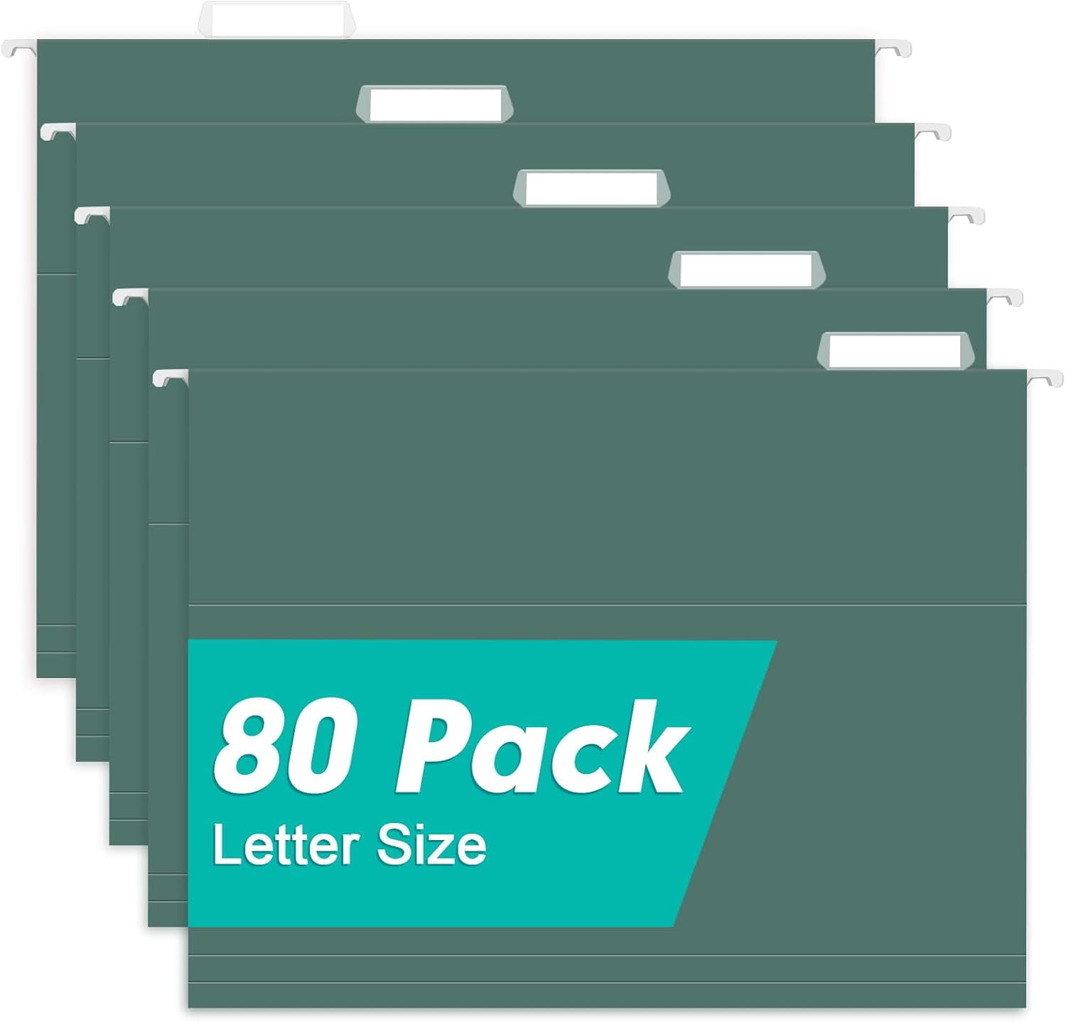 Hanging File Folders, 80 Pack Reinforced Letter Size Hanging Folders with Heavy Duty 0 Inch Expansion, Designed for Bulky Files, Medical Charts, 1/5-Cut Adjustable Tabs, Green