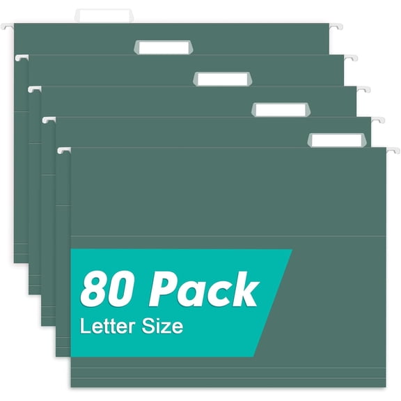 Hanging File Folders, 80 Pack Reinforced Letter Size Hanging Folders with Heavy Duty 0 Inch Expansion, Designed for Bulky Files, Medical Charts, 1/5-Cut Adjustable Tabs, Green