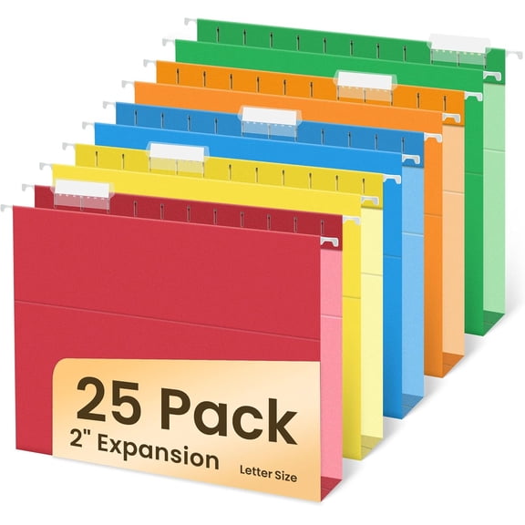 Hanging File Folders Extra Capacity Assorted Colors, 25 Pack Letter Size File Folders with 1/5-cut Tabs, Heavy Duty 2 Inch Expansion, Stay Organized for Your Home and Office Bulk File