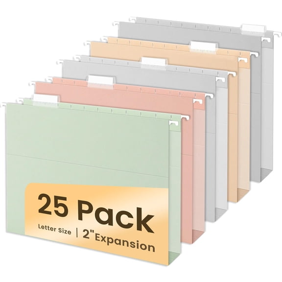 Hanging File Folders Extra Capacity Assorted Colors, 25 Pack Letter Size File Folders with 1/5-cut Tabs, Heavy Duty 2 Inch Expansion, Stay Organized for Your Home and Office Bulk File