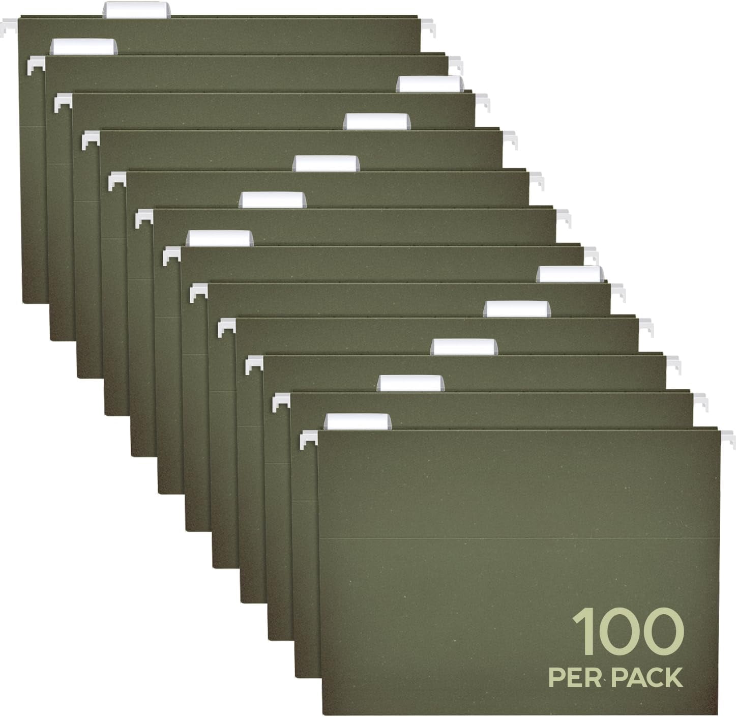 Hanging File Folders Letter Size - 100 Pack - 1/5 Cut Adjustable Tabs - Green Bulk File Folders with Tabs 8.5 X 11 Inches