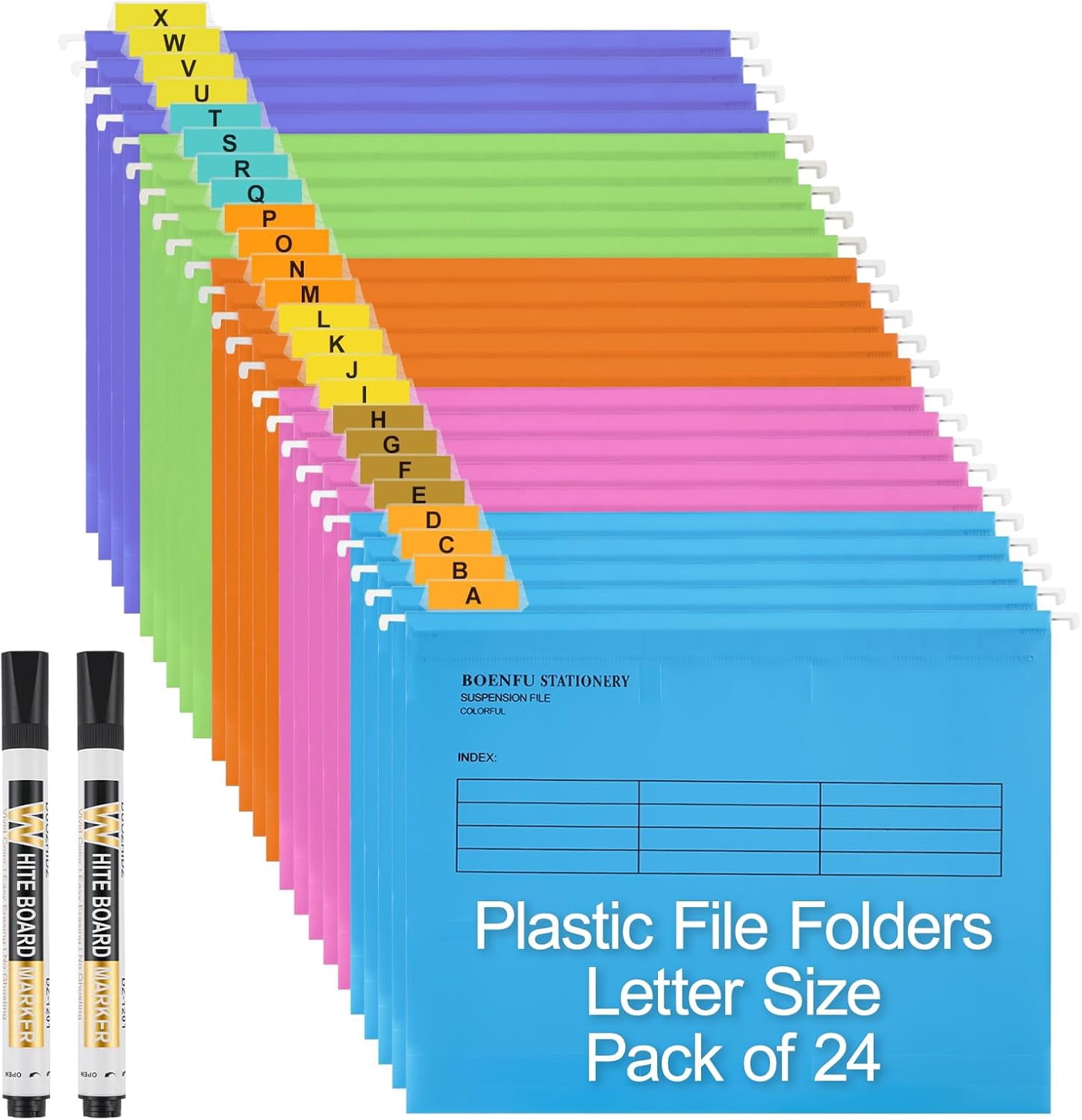 Hanging File Folders Letter Size 24 Pack Colored Plastic File Folders with Adjustable Tabs, 2 Markers, Hanging Organizer File Folders for Efficient Filing