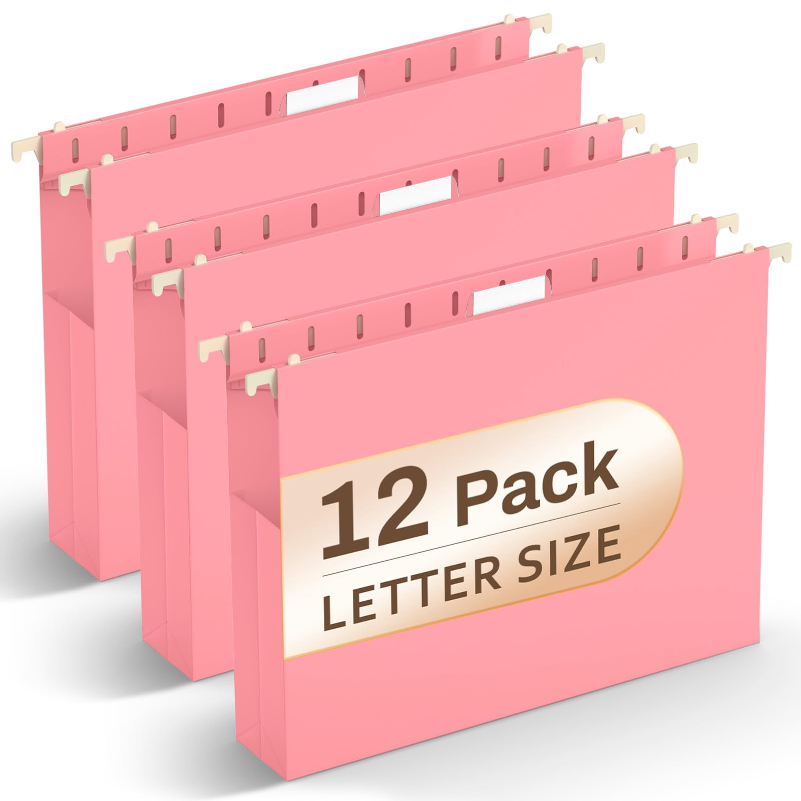 Hanging File Folders Letter Size  Files Pink For Filing Cabinet 12 Pack Plastic Folder Extra Capacity Pockets Heavy Duty Hang With 1/5-cut Tabs Coral