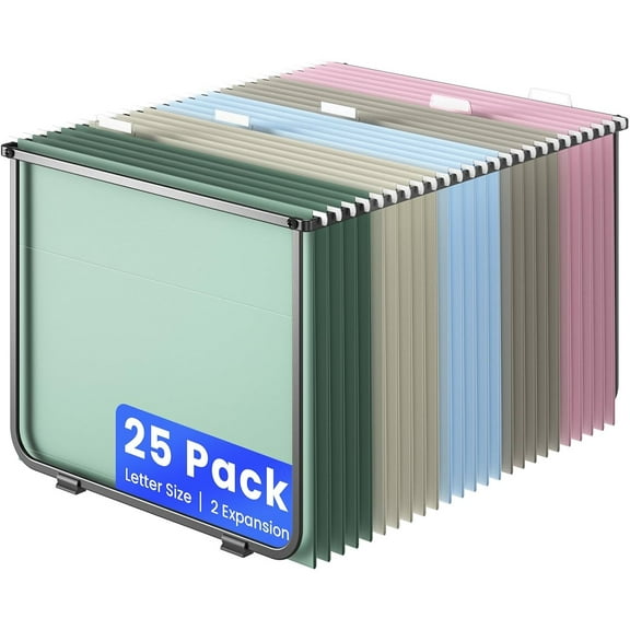 Hanging File Folders Letter Size, Metal File Frame with 25 Pcs Colored Hanging File Folders, 2'' Extension 1/5-Cut Tabs File Organizer Includes Hanging Folders for Desk Office Filing Cabinet