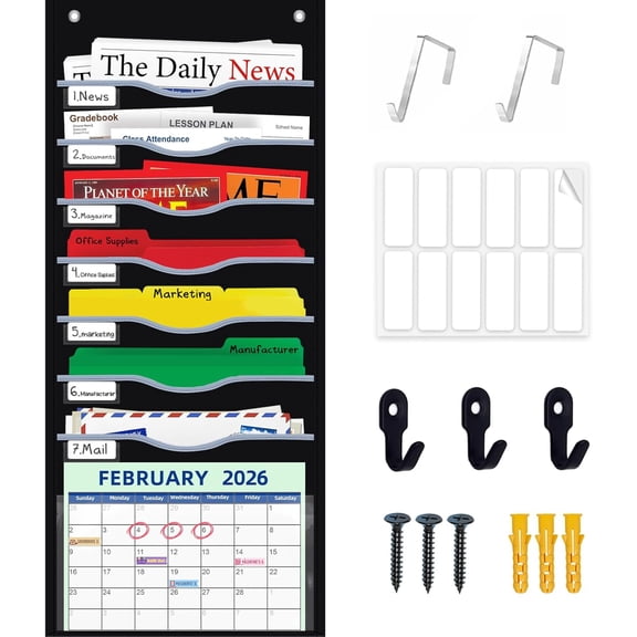Hanging File Org 8 Pockets 15W Legal/ Letter Size Paper Org, Pocket Chart for Classroom , Mail Org Wall Mounted, Over the Door Org with 12 Nameplate, 5 Hooks (Black)