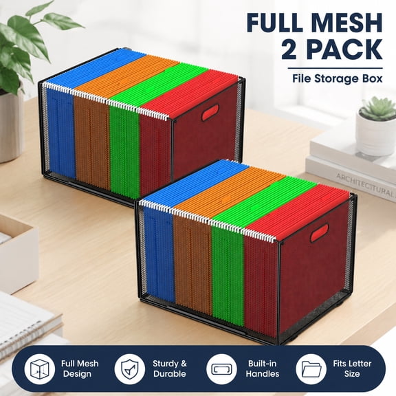 Hanging File Organizer Box, Letter Size File Folder Organizer, 2 Pack Metal Mesh Filing Box with Smooth Rails, Black File Storage for Desk, Office, School, Home