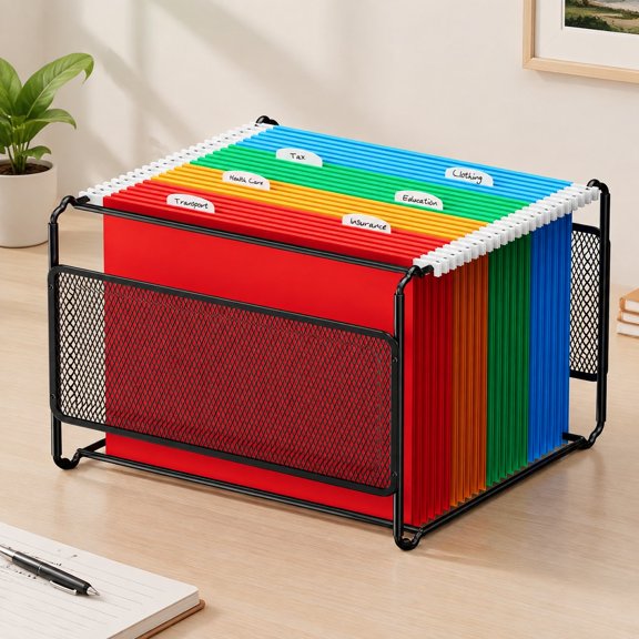 Hanging File Organizer Box, Letter Size File Folder Organizer Desk | Metal Filing Box with Smooth Rails, Black Mesh File Storage for Office, School & Home