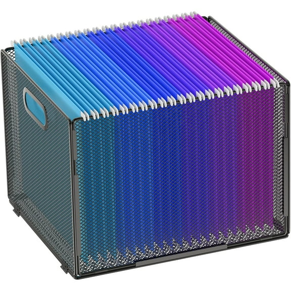 Hanging File Organizer, File Folder Organizer Mesh Hanging File Crate with Handle, File Box Storage Crate, File Basket for Office Home Letter Size, Black