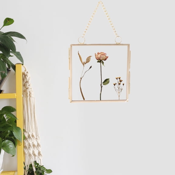 CUTICATE Hanging Floating Picture Frames Square Brass Double Sided Glass Frame for Pressed Flowers Herbarium Dried Leaf Artwork Plants Clips 80x80mm