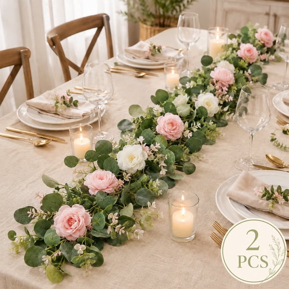Hanging Floral Vine Eucalyptus Garland with Peony and Rose for Mantle Wedding Table Runner Centerpiece Backdrop Home Decor 2 Pack