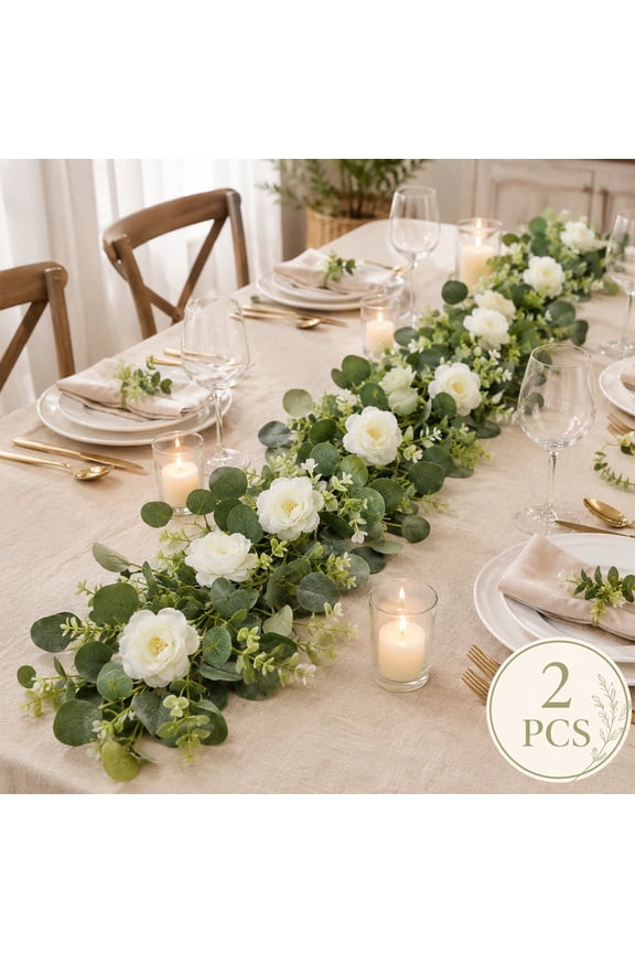 Hanging Floral Vine Eucalyptus Garland with Rose for Mantle Wedding Table Runner Centerpiece Backdrop Home Decor 2 Pack