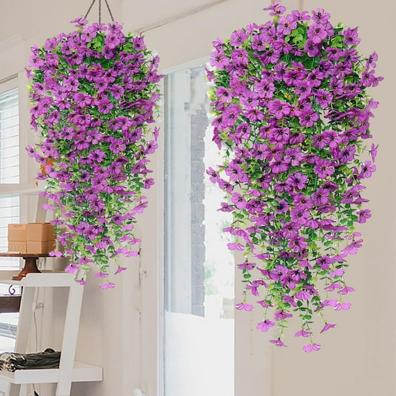 Hanging Flower Baskets for Outside,Artificial Fake Hanging Flowers Plants Baskets for Outdoor Outside Decoration, Faux Long Vines in Planter Realistic(purple 1pc 30*10in)