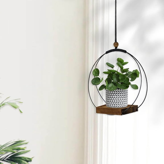 Hanging Flower Pot Metal Planter With Wood Base Indoor Holder For Succulents Air Cacti Home Tray Decoration