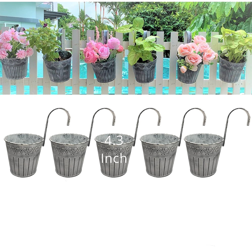 Hanging Flower Pots - 5 Pack, 4.3 Inch Balcony Planters Railing Hanging, Small Galvanized Metal Fence Planters for Outdoor Plants Farmhouse Garden Rustic Flower Succulent